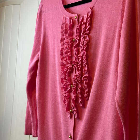 TALBOTS New Pink Ruffle Front Cardigan Sweater 3/4 Sleeve Gold Button Sz L # - Picture 4 of 12